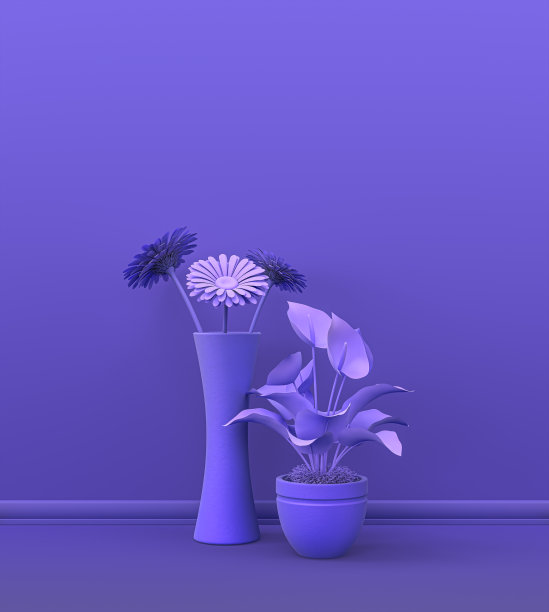 多株植物前面的纯色墙壁在紫色房间复制空间和画框背景。三维渲染图片下载