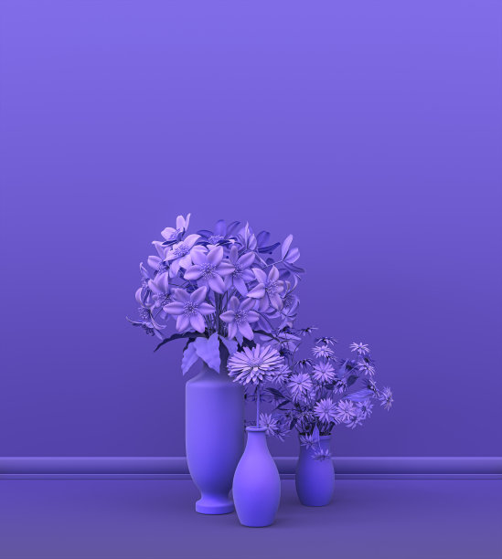 室内空间采用纯紫罗兰色，装饰室内植物组，用于复制空间和海报框背景。三维渲染图片下载