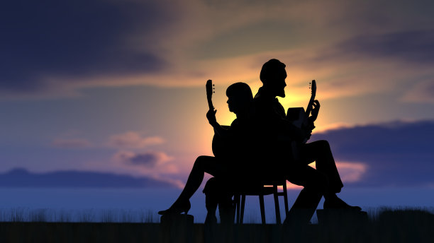 男性和女性吉他手演奏古典吉他在大自然的3d渲染图片下载