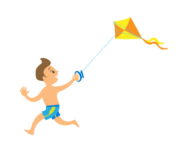在沙滩上玩风筝的孩子，奔跑的孩子矢量图片下载