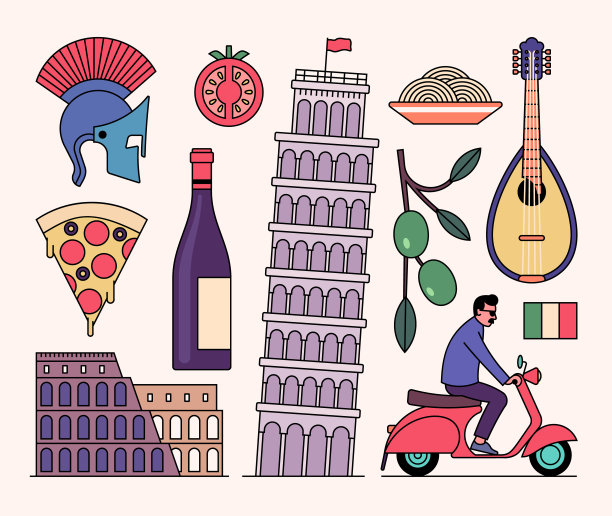 意大利矢量插图图标集，白色背景。图片下载