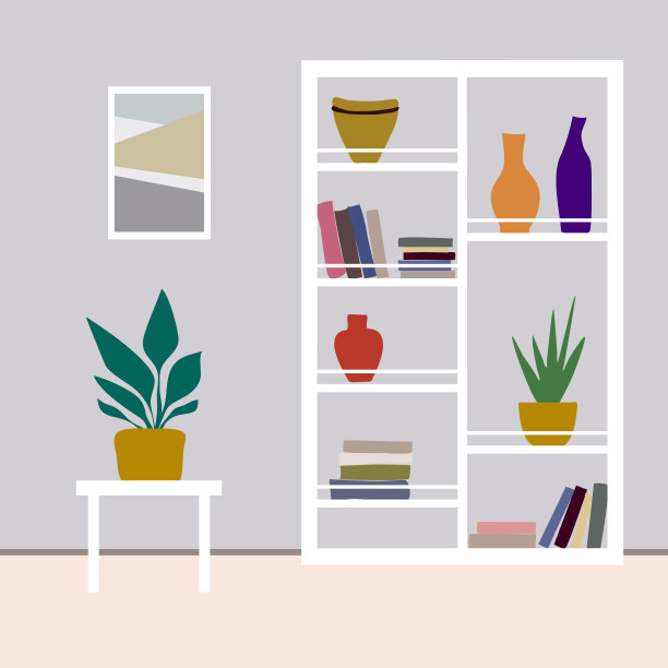架子上有盘子，花瓶，瓶子，杯子，室内植物。简单的卡通风格图片下载