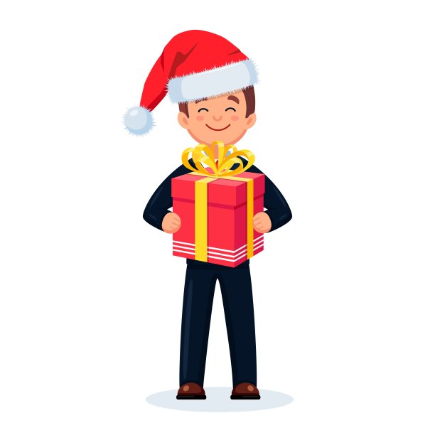 男人拿着包装好的礼品盒，礼物手里拿着彩带。假期的惊喜。素材图片