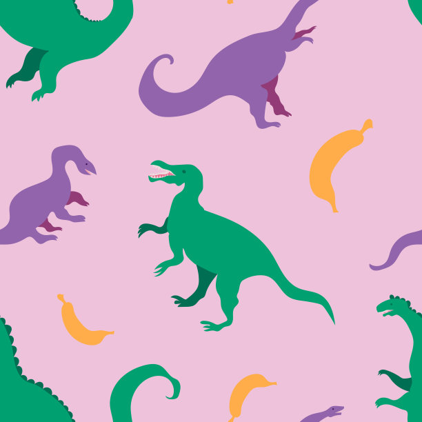 可爱的矢量无缝模式与彩色恐龙和香蕉在柔和的粉红色背景。图片下载