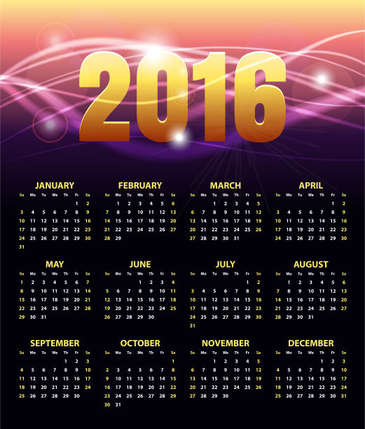 2016年日历以抽象的金色闪亮为背景。上周星期天开始。时尚的黑色矢量模板图片下载