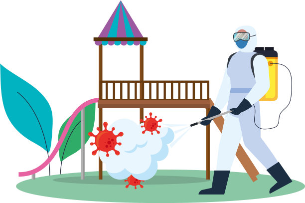 穿着防护服的人在公园里喷玩具图片下载