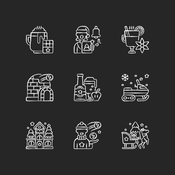 冬季假期粉笔白色图标设置在黑色的背景图片下载