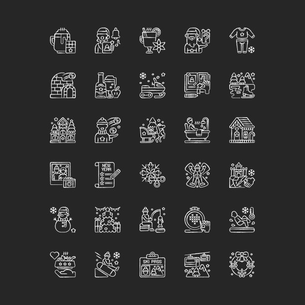 冬季乐趣粉笔白色图标设置在黑色背景图片下载