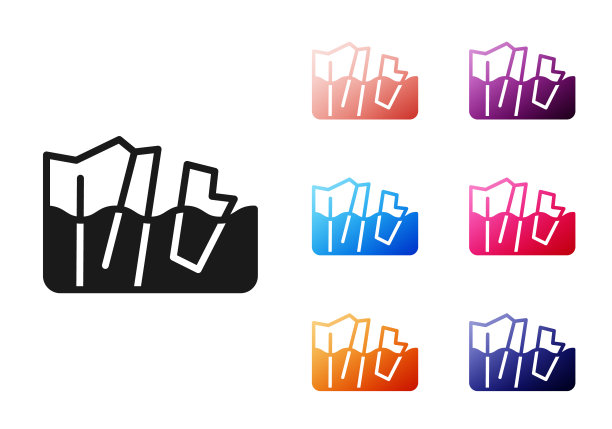 黑色冰川融化图标孤立在白色背景。设置图标丰富多彩。向量图片下载