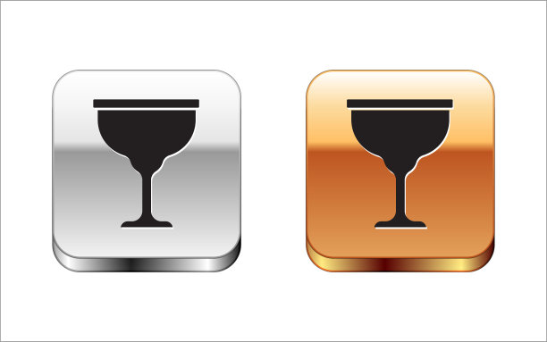 黑色犹太高脚杯图标孤立在白色背景。给孩子的犹太酒杯。安息日的基德什杯。金银平方按钮。向量图片下载