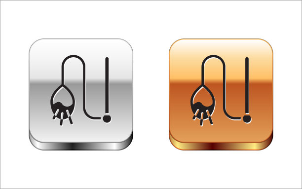 黑色宠物猫玩具图标孤立的白色背景。金银平方按钮。向量图片下载