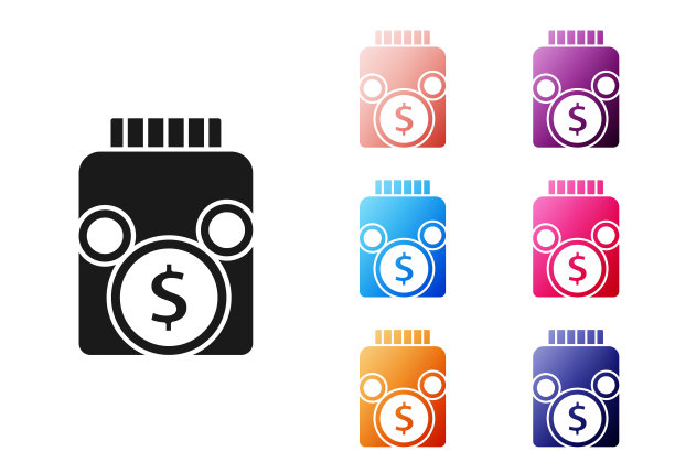 黑色玻璃钱罐与硬币图标孤立在白色背景。图标储蓄或积累金钱，投资。设置图标丰富多彩。向量图片下载