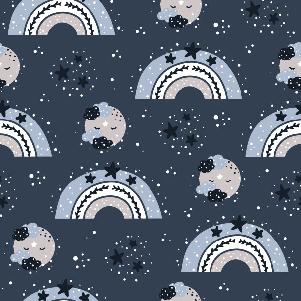 可爱的幼儿园无缝图案，北欧风格，彩虹，月亮，云彩和星星。幼稚的就寝矢量插图设计和打印。图片下载