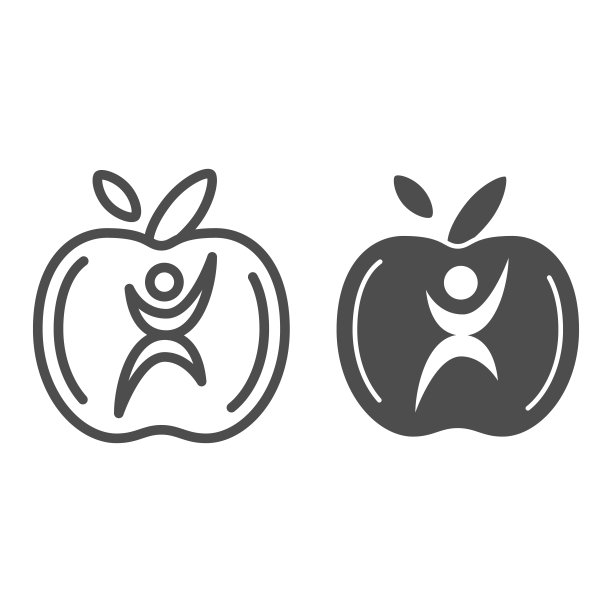 人在苹果线和固体图标，健康的生活方式概念，维生素标志在白色背景，人体健康图标在轮廓风格的移动概念和网页设计。矢量图形。图片下载
