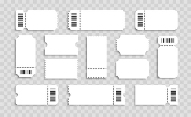 空白票。现实的白色模拟票与条形码。音乐会，彩票，电影和优惠券。图片下载