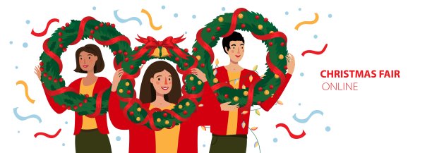 圣诞集市集市购物横幅与快乐微笑的人拿着冬青圣诞花环。促销商品:网上销售，展会，登陆页，传单，海报。矢量插图孤立在白色上图片下载