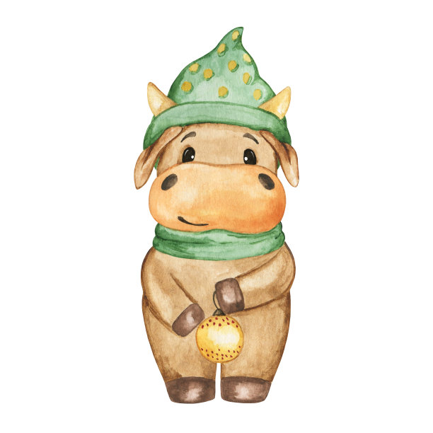 圣诞公牛clipart，新年标志2021，水彩奶牛插图，婴儿装饰图片下载