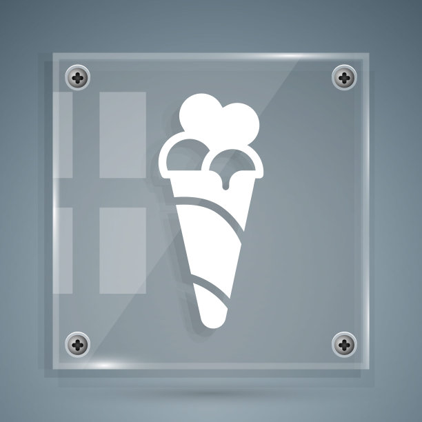 白色的华夫蛋筒冰淇淋图标孤立在灰色背景。甜蜜的象征。方形玻璃面板。向量图片下载