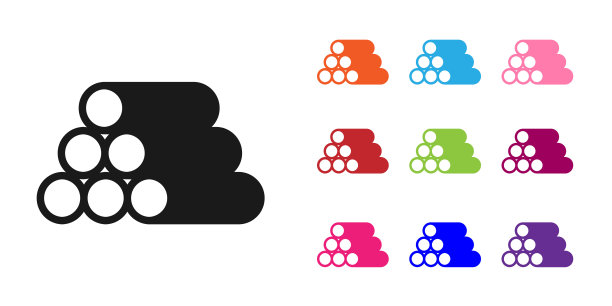 黑色木制原木图标孤立在白色背景上。堆柴火。设置图标丰富多彩。向量图片下载