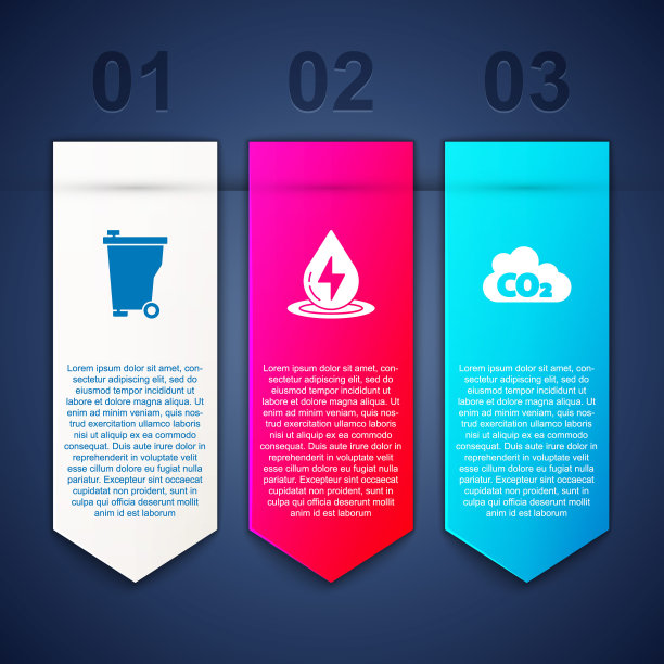 将垃圾桶、水能和二氧化碳排放置于云端。业务信息模板。向量图片下载