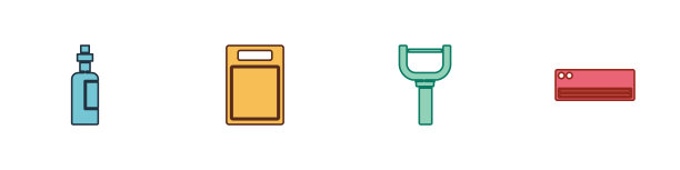 设置一瓶橄榄油，切菜板，削皮器和空调图标。向量图片下载