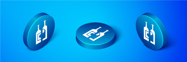 等距瓶酒图标孤立在蓝色图片下载