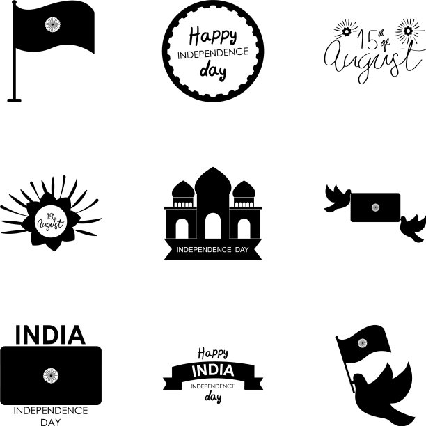 印度国旗和印度独立日图标设置图片下载