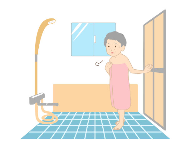 老年妇女焦虑地进入浴室(没有排队)图片下载