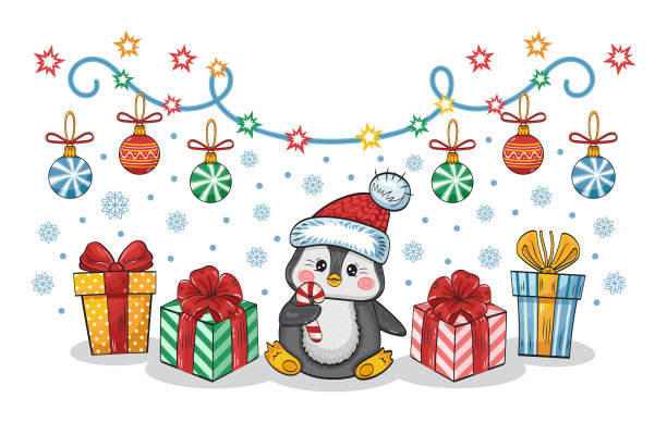 带着礼物的快乐企鹅。新年的性格。可爱的卡通宝宝北极动物在红帽子和惊喜的盒子。发光的花环和圣诞舞会。贺卡的设计。手绘向量。图片下载