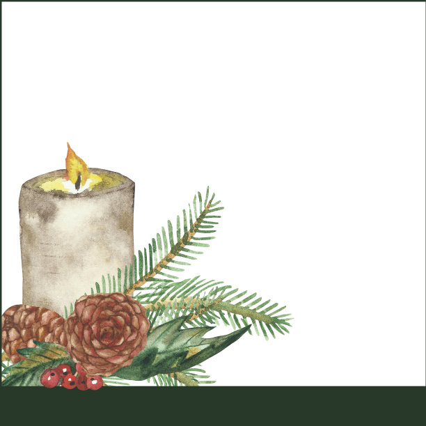 水彩手绘自然冬季框架米色蜡烛，绿色冷杉树枝，棕色球果和红色冬青浆果和树叶组成在白色背景邀请和贺卡图片下载