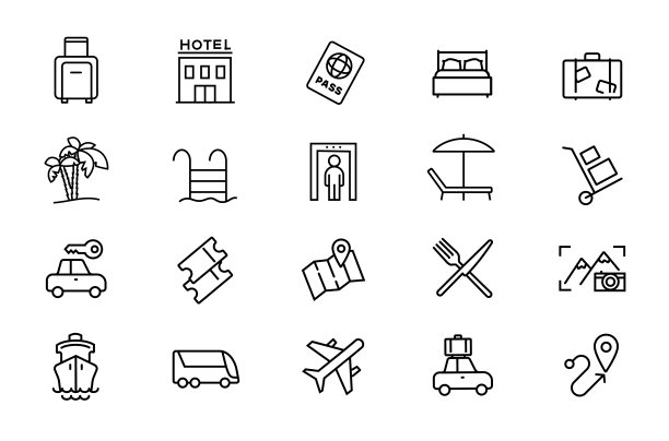 旅游矢量和旅游线性图标集。元素旅游大纲符号包。图片下载