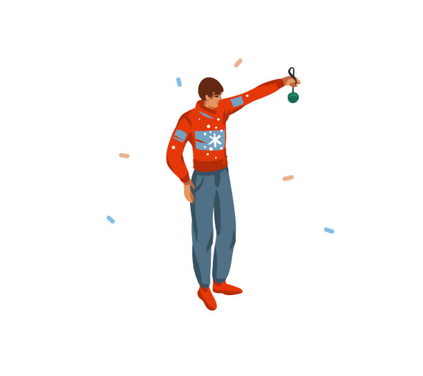 手绘矢量抽象有趣的股票平圣诞快乐，和新年快乐的卡通贺卡与圣诞男性准备圣诞树孤立的白色背景图片下载