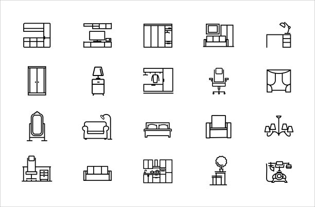 各种家居家具。一组带有可编辑线条的矢量图标。卧室、客厅、厨房、寄存处等。图片下载