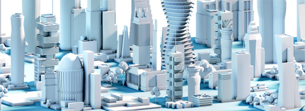 现代城市3D渲染视图。商业和银行与摩天大楼，现代企业建筑，首都，未来的城市景观。商业背景图片下载