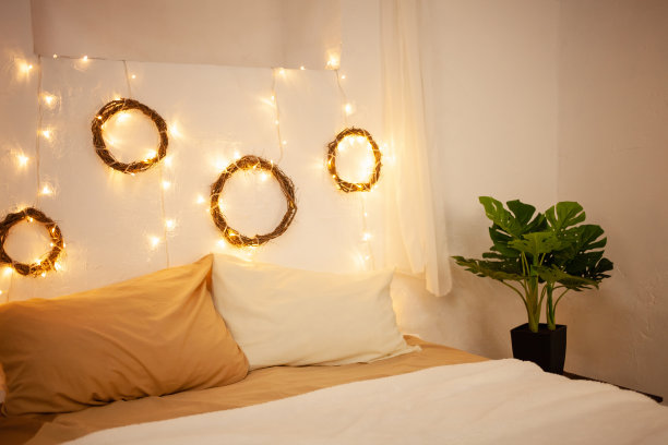 圣诞照片区，卧室。床上有两个枕头，家里有怪兽植物。墙上装饰着新年花环的树枝和灯。花环。工作室。图片下载