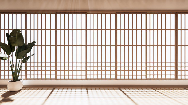 房间设计宽敞，日式风格，灯光自然色调。三维渲染图片下载