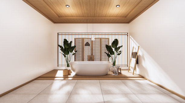 热带浴室日式风格。3d渲染图片下载