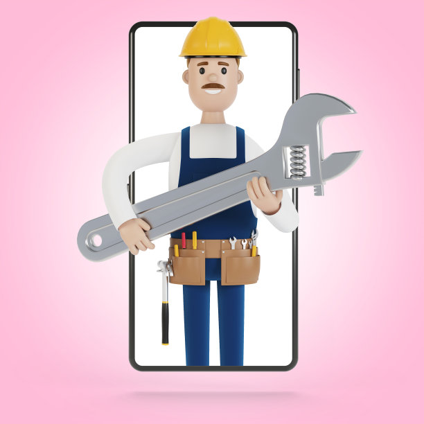 水管工在智能手机屏幕上用大扳手。一个小时的丈夫。电工，水管工，木匠，叫工头来干活。3D插图卡通风格。图片下载
