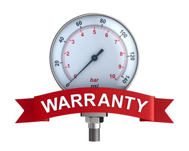 压力计和红色缎带与文字保修在白色背景。孤立的3 d演示图片下载