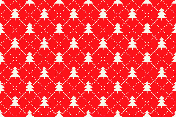 冬季假日像素图案与圣诞树菱形装饰。矢量无缝假日设计背景。图片下载