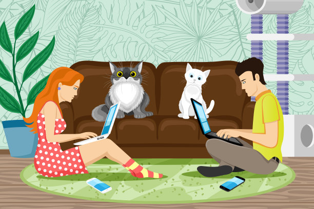 可爱的猫坐在沙发上，人们在地板上。图片下载