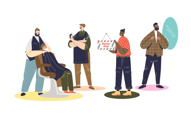 理发店的工作人员，卡通理发师与客户一起工作，拿着专业工具图片下载