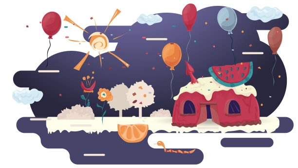 在glazurovki上，在树木和花朵之间的空地上，用一片西瓜烤杯蛋糕，设计平面矢量插图图片下载