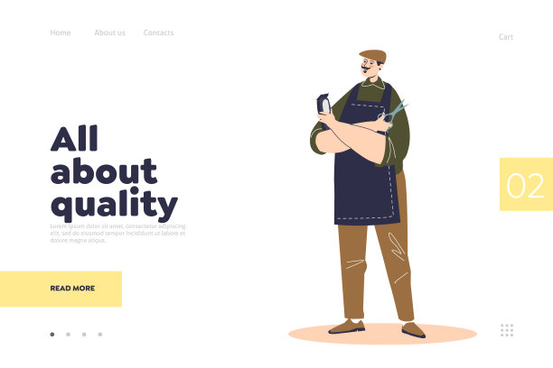 现代理发店登陆页面模板与剪理发师卡通人物拿着剪刀和剃刀图片下载