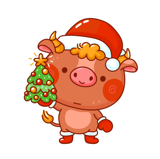 可爱有趣的新年象征公牛在圣诞帽图片下载