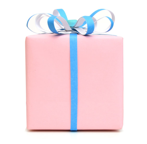 一个礼物包装盒与蓝色的纸蝴蝶结在白色的背景图片下载