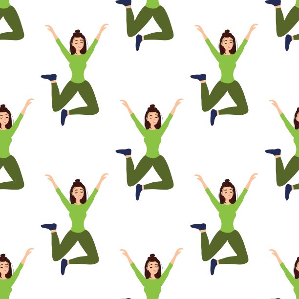 无缝图案与跳舞美丽的女孩在一个白色的背景。扁平风格的欢快舞蹈娱乐。轻松快乐的女人。
股票矢量插图设计，装饰，织物，墙纸图片下载