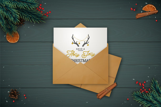 圣诞快乐和新年快乐的旗帜与冷杉树枝和装饰元素。节日平铺构图用工艺信封。矢量插图。图片下载