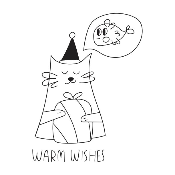 猫抱着圣诞礼盒，梦见鱼。温暖的祝福。图片下载