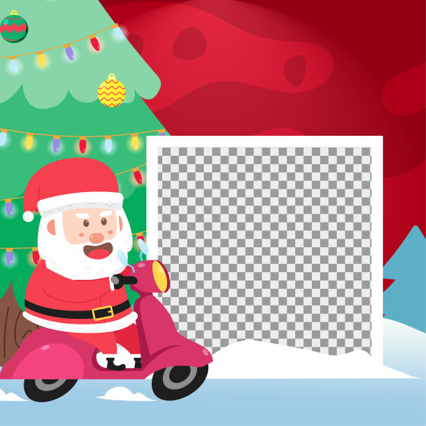 圣诞快乐的背景与空白照片和可爱的圣诞老人骑滑板车。假日社交媒体帖子，圣诞销售，贺卡模板向量。图片下载